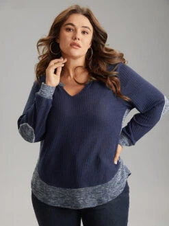 Waffle Knit Two Tone Notched Patchwork T-shirt 10 Waffle Knit Two Tone Notched Patchwork T-shirt -Bloomchic Shop 718406025 eg