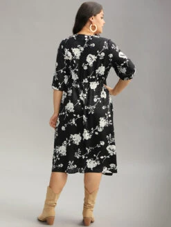 Silhouette Floral Print Texture Keyhole Lantern Sleeve Dress -Bloomchic Shop 718940769 te