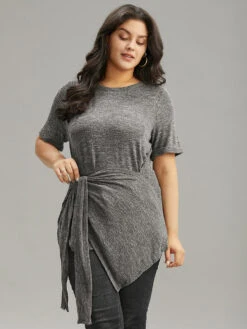 Plain Bowknot Front Heather T-shirt -Bloomchic Shop 719902290 xd