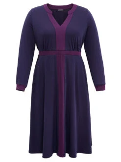 Contrast Notched Gathered Elastic Waist Dress -Bloomchic Shop 720236263 uf