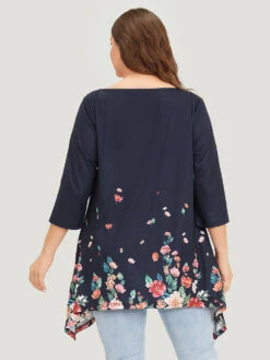 Floral Print Crew Neck Asymmetrical Hem T-shirt -Bloomchic Shop 721677023 dl