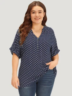 Polka Dot Zipper Notched Dolman Sleeve Blouse