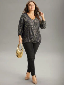 Glitter Galaxy Wrap Lantern Sleeve Blouse 9 Glitter Galaxy Wrap Lantern Sleeve Blouse -Bloomchic Shop 724059314 vp