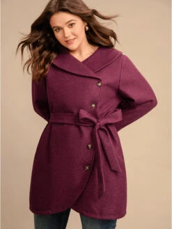 Solid Foldover Collar Pocket Asymmetrical Hem Belted Coat -Bloomchic Shop 724514561 bq