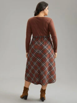 Plaid Elastic Waist Patchwork Rib Knit Dress -Bloomchic Shop 724740924 mm