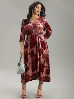 Floral Velvet Elastic Waist Wrap Ruffle Hem Dress -Bloomchic Shop 726456390 cl