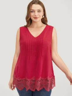 Solid Pleated Front Lace Hem Tank Top