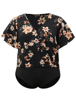 Floral Print Surplice Neck Ruffle Sleeve Bodysuit -Bloomchic Shop 729455628 kr
