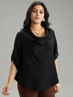 Anti-Wrinkle Solid Cowl Neck Tab Sleeve Blouse 15 Anti-Wrinkle Solid Cowl Neck Tab Sleeve Blouse -Bloomchic Shop 730969570 bf
