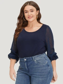 Plain Mesh Patchwork Lantern Sleeve Crew Neck Bodysuit -Bloomchic Shop 731580537 zz