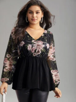 Floral Print Patchwork Elastic Waist Lantern Sleeve Blouse -Bloomchic Shop 731714618 yp de16881a 36d1 4095 9960 614d4a135e25