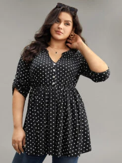 Polka Dot Button Detail Notched T-shirt -Bloomchic Shop 731855855 qh