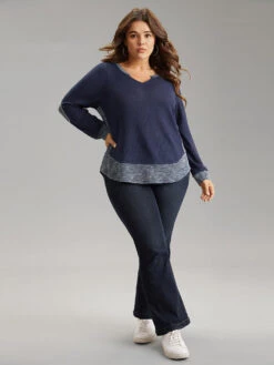 Waffle Knit Two Tone Notched Patchwork T-shirt 11 Waffle Knit Two Tone Notched Patchwork T-shirt -Bloomchic Shop 73262202 ke