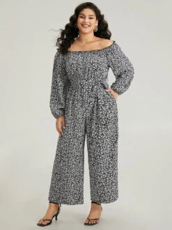 Ditsy Floral Off Shoulder Pocket Belted Jumpsuit