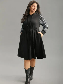 Plaid Patchwork Drawstring Pocket Hooded Dress -Bloomchic Shop 733200122 iz