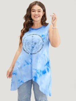 Floral & Letter Print Asymmetrical Hem Tie Dye Tank Top -Bloomchic Shop 734229316 jh