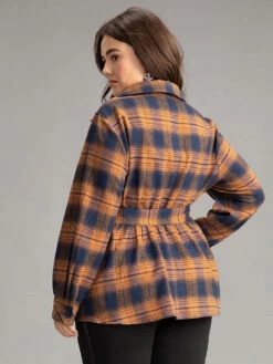 Plaid Elastic Waist Shirt Collar Blouse -Bloomchic Shop 737432240 se