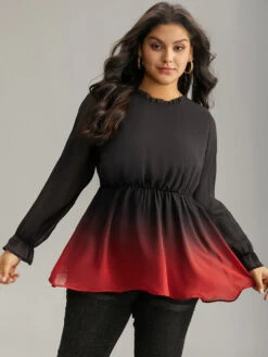 Ombre Contrast Frill Trim Ruffle Hem Blouse -Bloomchic Shop 739687982 iv