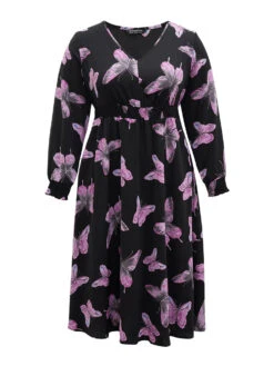 Butterfly Print Pocket Shirred Cuffs Dress -Bloomchic Shop 739746718 kk