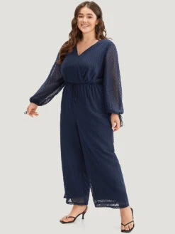 Polka Dot Mesh Ties Lantern Sleeve Jumpsuit -Bloomchic Shop 74011199 uh