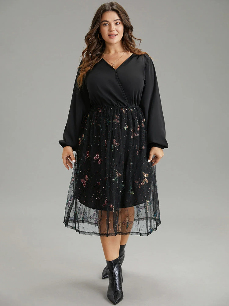 Butterfly Patchwork Lace Mesh Wrap Sequin Dress 6 Butterfly Patchwork Lace Mesh Wrap Sequin Dress - Image 4
