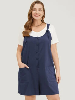 Solid Pocket Button Detail Knot Shoulder Overall Romper -Bloomchic Shop 740923208 id 39d1660c 860f 4e72 b0eb fbeab27676a9