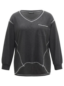 Contrast Stitch Waffle Knit Curved Hem T-shirt -Bloomchic Shop 741646003 np