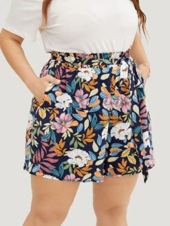 Tropical Print Paperbag Waist Pocket Belt Shorts 15 Tropical Print Paperbag Waist Pocket Belt Shorts -Bloomchic Shop 741691384 jv