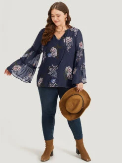 Floral Print Knot Neck Frill Trim Mesh Bell Sleeve Blouse -Bloomchic Shop 744176907 vt cff89b68 764b 4ff7 895c 8005984f7fda