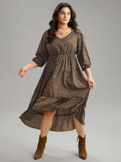 Leopard Lantern Sleeve Ruffles Frill Trim Dress -Bloomchic Shop 744599861 jw