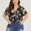 Floral Print Surplice Neck Ruffle Sleeve Bodysuit