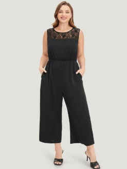 Solid Lace Mesh Pocket Sleeveless Jumpsuit -Bloomchic Shop 745769603 qr