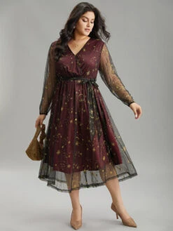 Moon & Star Embroidered Mesh Wrap Dress