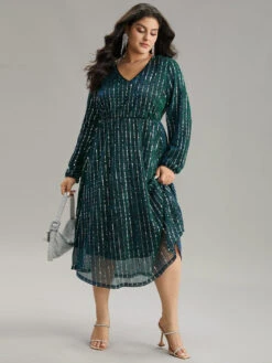 Sequin Mesh V Neck Elastic Waist Dress -Bloomchic Shop 748386356 or