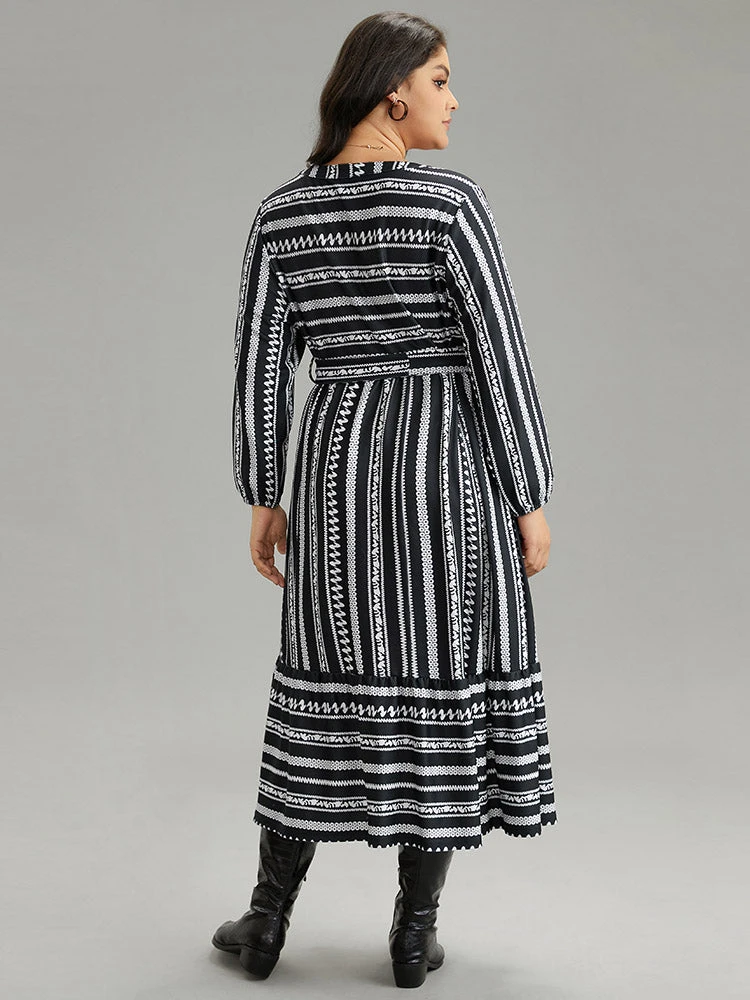 Striped Notched Belted Lantern Sleeve Dress 5 Striped Notched Belted Lantern Sleeve Dress - Image 3