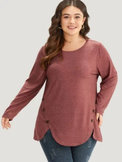 Plain Round Neck Button Detail T-shirt -Bloomchic Shop 748903014 hg