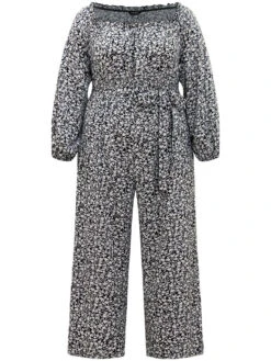 Ditsy Floral Off Shoulder Pocket Belted Jumpsuit -Bloomchic Shop 74899833 qk