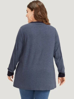 V Neck Button Up Contrast Elastic Cuffs Pocket T-shirt -Bloomchic Shop 749270046 le