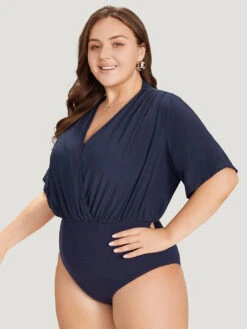 Solid Overlap Collar Pleated Bodysuit -Bloomchic Shop 750314611 oq