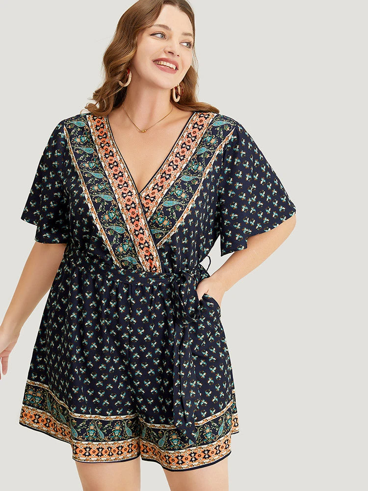 Bandana Print Wrap Ruffle Sleeve Pocket Belted Romper 5 Bandana Print Wrap Ruffle Sleeve Pocket Belted Romper - Image 3