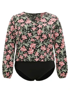 Floral Print V Neck Elastic Waist Lantern Sleeve Bodysuit 15 Floral Print V Neck Elastic Waist Lantern Sleeve Bodysuit -Bloomchic Shop 752038028 vo