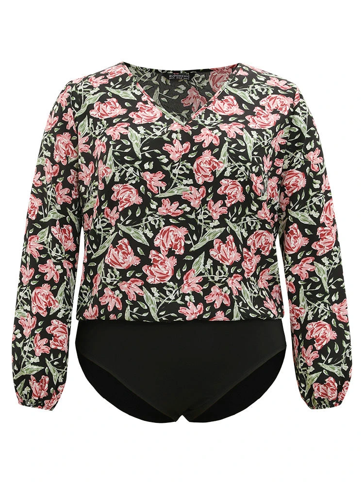 Floral Print V Neck Elastic Waist Lantern Sleeve Bodysuit 9 Floral Print V Neck Elastic Waist Lantern Sleeve Bodysuit - Image 7