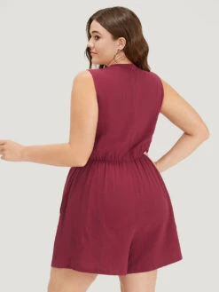 Plain V Neck Pocket Zipper Drawstring Sleeveless Jumpsuit -Bloomchic Shop 752670567 ps