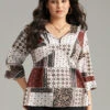 Moroccan Print Lace Panel Ruffles Frill Trim Blouse -Bloomchic Shop 752740798 of