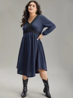 Rib Knit Lace Panel Contrast Pocket Dress -Bloomchic Shop 753243100 ne