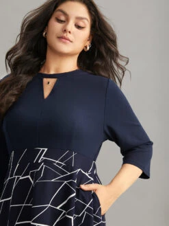 Geometric Contrast Keyhole Elastic Waist Dress -Bloomchic Shop 754967772 yr