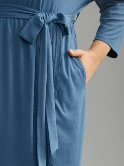 Plain Square Neck Arc Hem Belted Wrap Dress -Bloomchic Shop 755015393 us