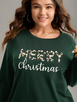 Christmas Letter Leopard Round Neck Sweatshirt -Bloomchic Shop 756021661 wg
