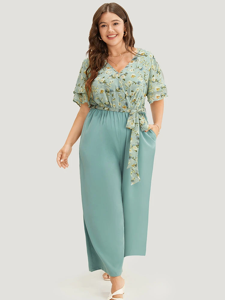 Floral Tiered Sleeve Belt Ruffle Pocket Wrap Jumpsuit 4 Floral Tiered Sleeve Belt Ruffle Pocket Wrap Jumpsuit - Image 2