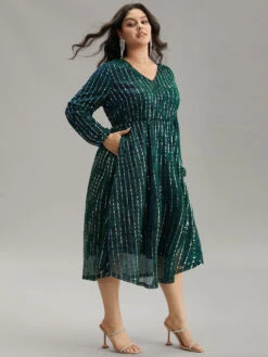 Sequin Mesh V Neck Elastic Waist Dress -Bloomchic Shop 757521617 my